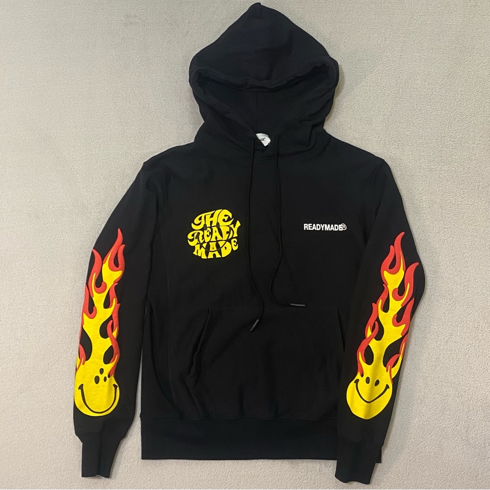 READYMADE JAPAN Men's Small Black 100% Cotton Long Sleeve Flame Print Hoodie